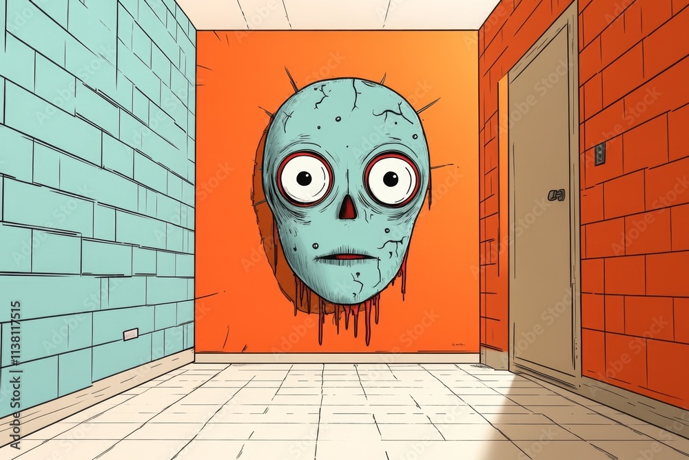 Poster A pixel art depiction of a face with animated blinking eyes, set in a retro-style 8-bit video game world