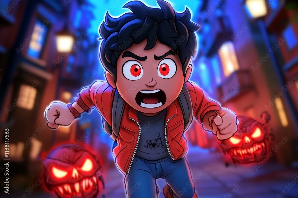 Poster a pixel art depiction of a frightened character running from a monster in a retro-style horror game,