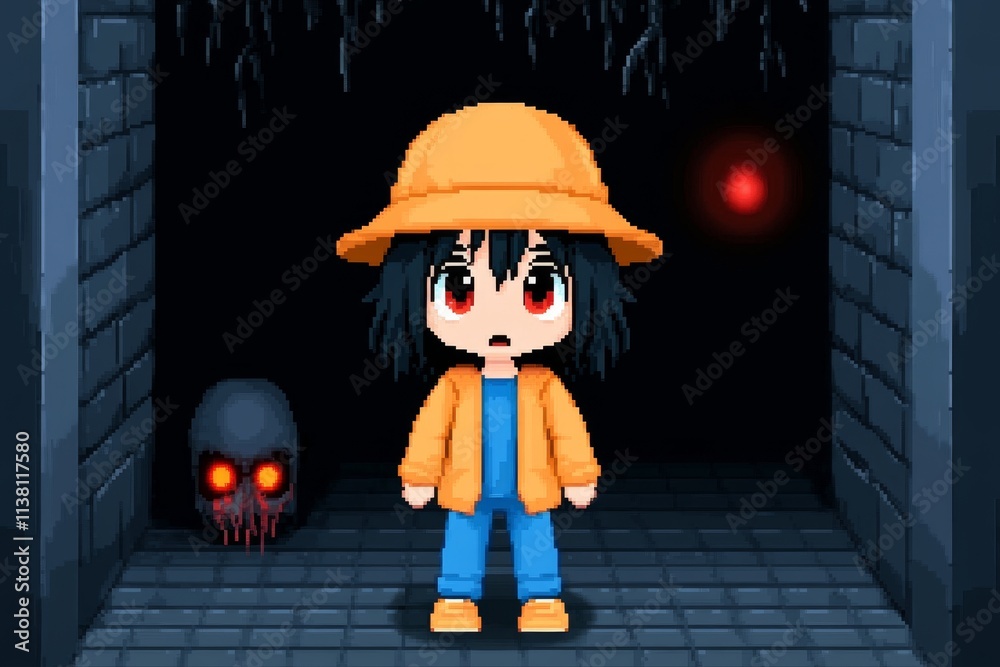 Poster A pixel art depiction of a frightened character running from a monster in a retro-style horror game, glowing red eyes in the background