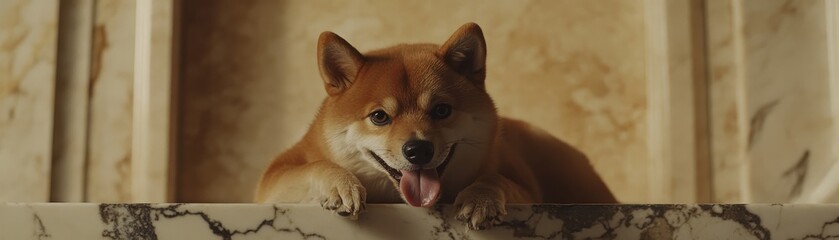 A cute Shiba Inu dog resting on a cozy surface, radiating warmth and charm.