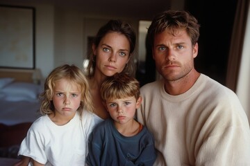 Fototapeta premium A family of four displays serious expressions in an indoor setting, capturing a moment of deep thought and connection among family members.