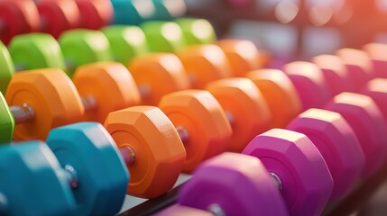 A colorful display of foam dumbbells arranged neatly on a rack with motivational posters in the background