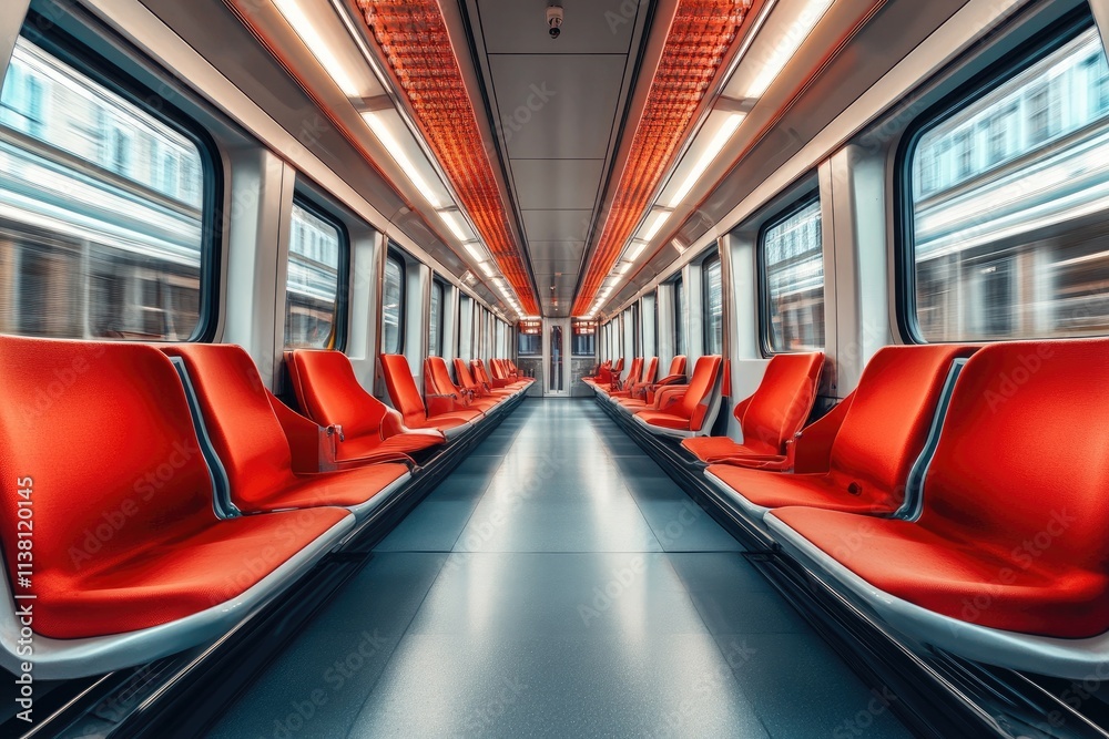 Poster empty modern subway car with red seats moving fast