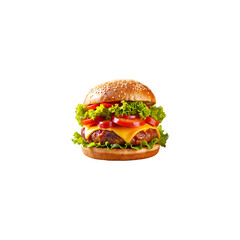 A huge double cheeseburger slices of juicy red tomato fresh sesame seeds setup in the isolate on transparent background