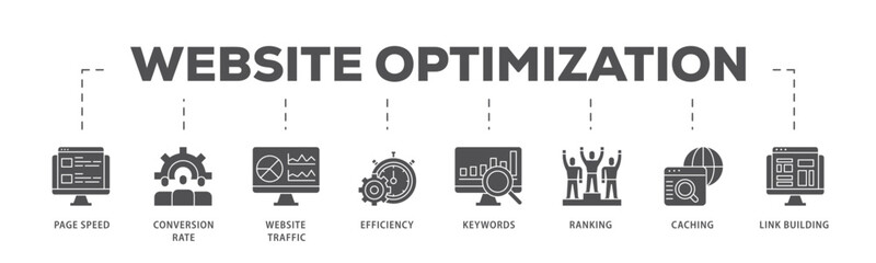 Website optimization infographic icon flow process which consists of page speed, conversion rate, website traffic, efficiency, keywords, ranking, caching  icon live stroke and easy to edit . © Juaran