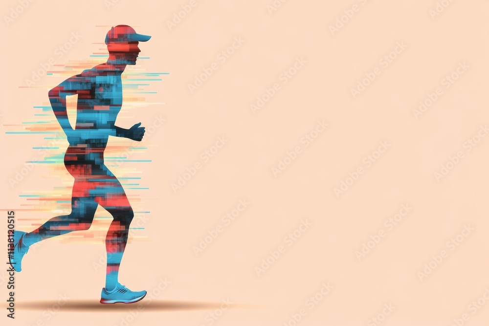 Poster A simple graphic of a person jogging, represented as abstract shapes in vibrant colors with a focus on motion