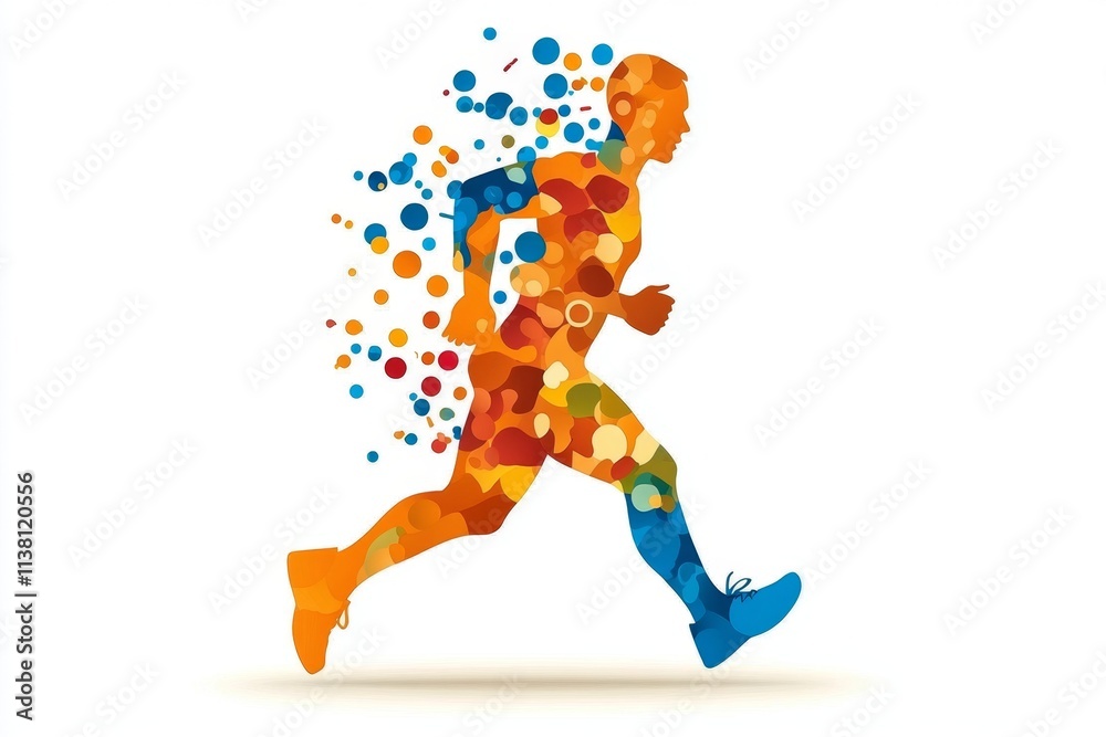 Poster A simple graphic of a person jogging, represented as abstract shapes in vibrant colors with a focus on motion