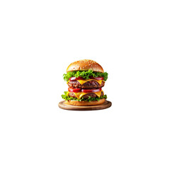 A huge double cheeseburger slices of juicy red tomato fresh sesame seeds setup in the isolate on transparent background