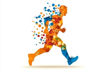 Obraz premium A simple graphic of a person jogging, represented as abstract shapes in vibrant colors with a focus on motion