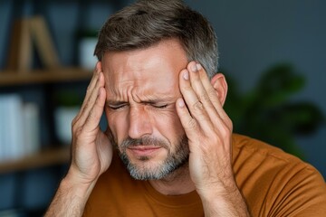 Fototapeta premium Man in distress holding head home office emotional struggle indoor close-up mental health awareness