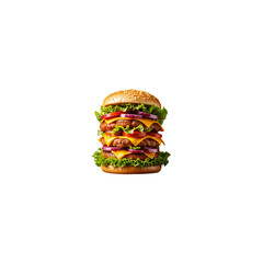 A huge double cheeseburger slices of juicy red tomato fresh sesame seeds setup in the isolate on transparent background