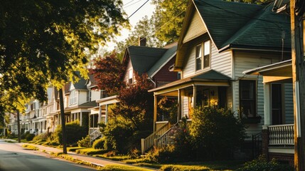 American Bourgeoisie: Row of Suburban Houses with Picket Fences