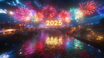 A vivid fireworks display over a sparkling river with 2025glowing in colorful lights