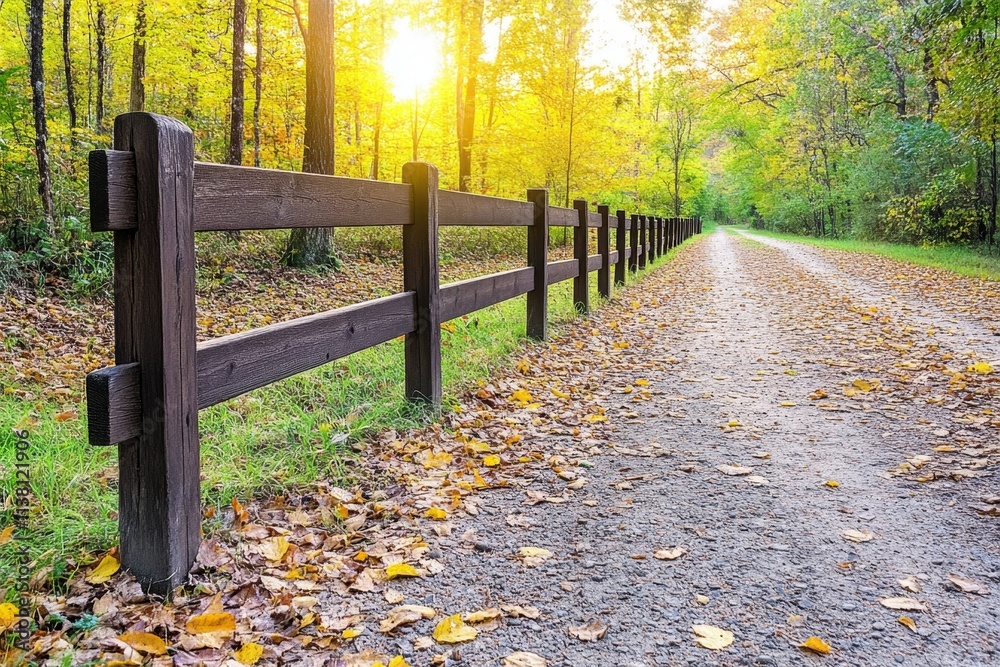 Aufkleber a split-rail fence running alongside a dirt path through a forest in autumn, surrounded by fallen le