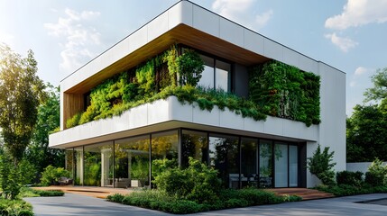 Obraz premium Contemporary&nbsp;architectural&nbsp;photograph&nbsp;of white&nbsp;building facade featuring&nbsp;vertical gardens, highlighting&nbsp;sustainable design with&nbsp;green&nbsp;living walls and clean geometric lines.