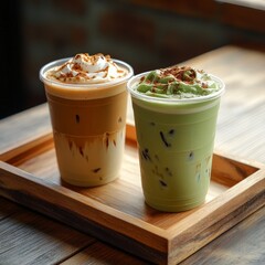 Iced matcha latte and coffee on a wooden tray