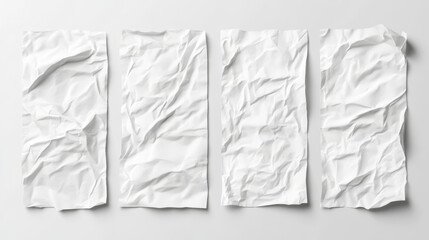 Obraz premium Crumpled and wrinkled white paper mockup. Realistic vector illustration set of creased blank vertical sheet. Empty rough folded cardboard banner template with rumpled surface. Puckered page.