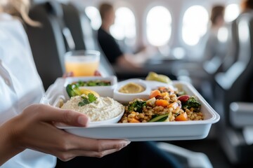 A well-presented airplane meal featuring a variety of colorful vegetables, a serving of hummus, and a refreshing beverage option enjoyed by passengers in-flight.