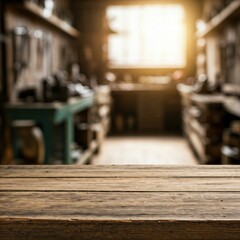 An empty wooden tabletop with a blurred background of tool rooms, An empty wooden tabletop with a blurred background of tool rooms