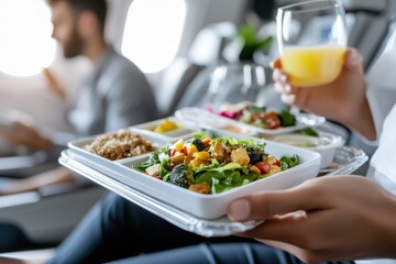 A beautiful display of a colorful vegetable meal served to passengers on an airplane, emphasizing the importance of freshness and visual appeal in air travel dining.