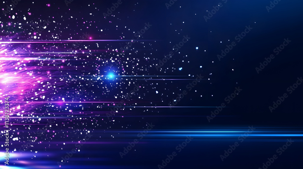 Poster a vibrant, abstract background featuring streaks of light and sparkling particles against a dark blu