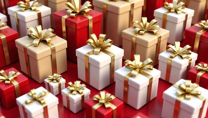 Obraz premium Assorted gift boxes wrapped in red, white, and gold with intricate bows in a vibrant 3D render
