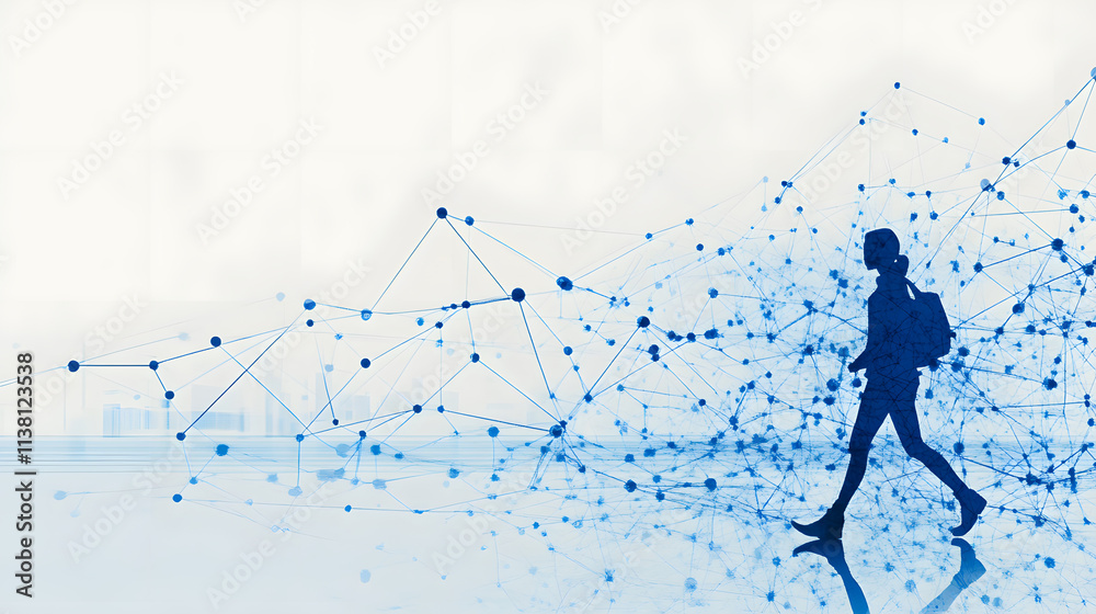 Poster a silhouette of a person walking amidst a network of interconnected blue dots, symbolizing technolog