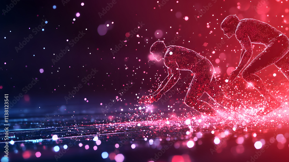 Poster a dynamic digital illustration of athletes sprinting, surrounded by vibrant particles and lights, ca