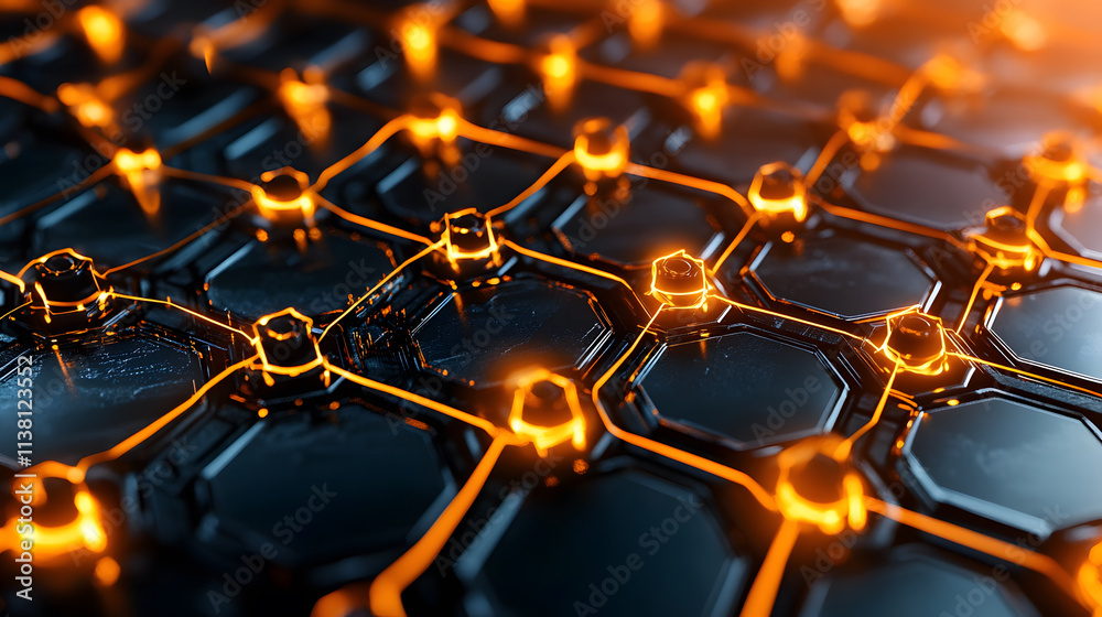 Aufkleber A vibrant, abstract representation of interconnected hexagonal patterns illuminated by glowing orange nodes against a dark background