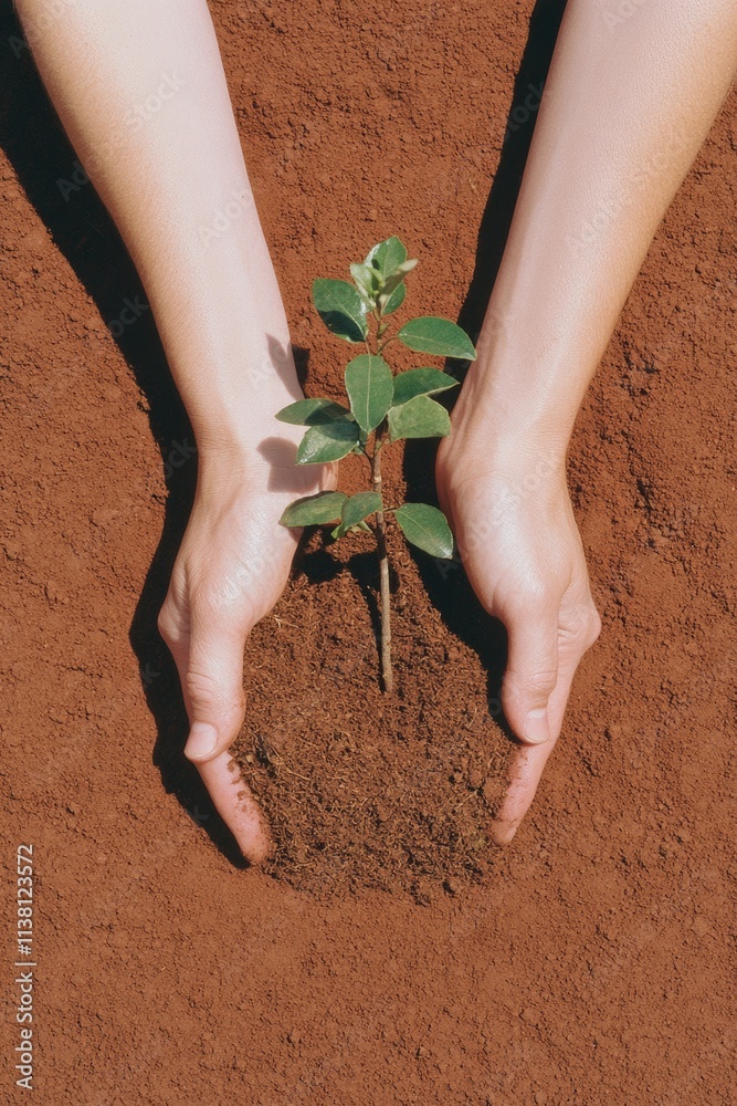 Poster surreal close-up of hands planting a sapling in soft earth with natural light
