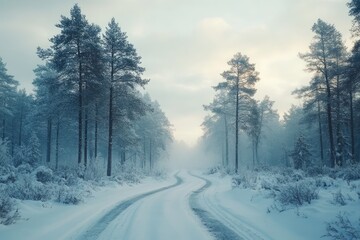 Snowy road winding through a misty winter forest