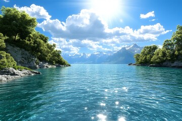 Obraz premium A vibrant digital illustration of a fjord, with sunlight streaming through clouds and glimmering on the water surface