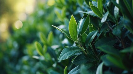 Fototapeta premium Botanical Beauty: Lush Laurel Hedge in a Green Field - Nature Background