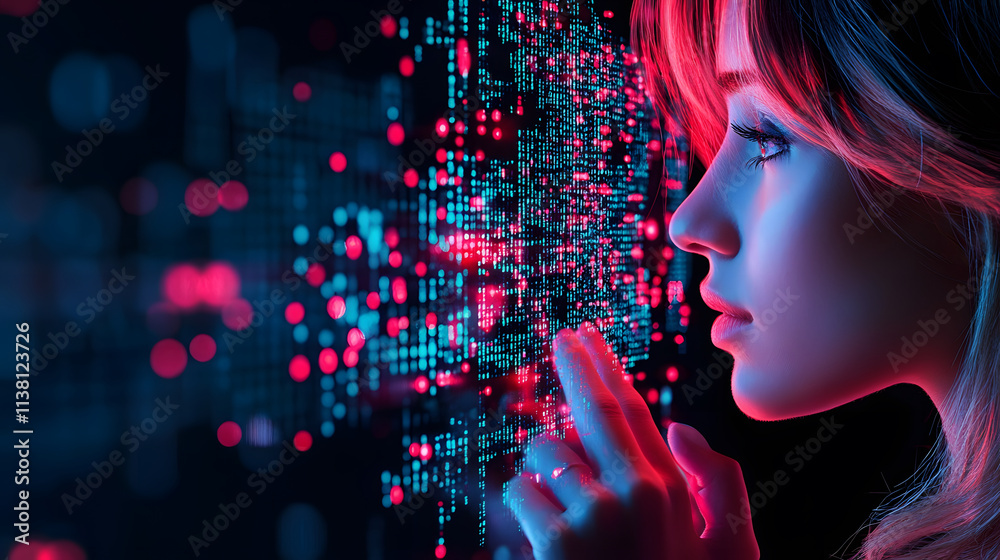 Poster a digital portrait of a woman interacting with flowing data streams, highlighted by vibrant pink and