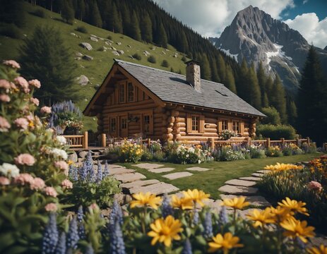 Rustic Log Cabin Surrounded by Vibrant Flowers and Beautiful Mountain Scenery - Powered by Adobe