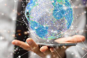 abstract lines with dots over dark background.