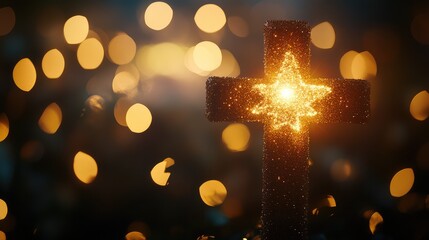 Glowing Cross with Star and Warm Bokeh Lights in Soft Background