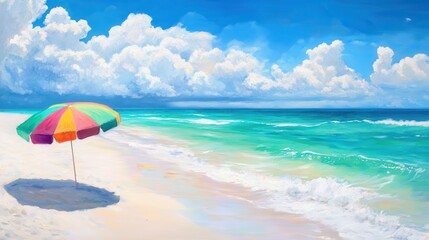 Aerial view of colorful beach umbrella on white sandy shore next to turquoise ocean waves showcasing tropical beach relaxation