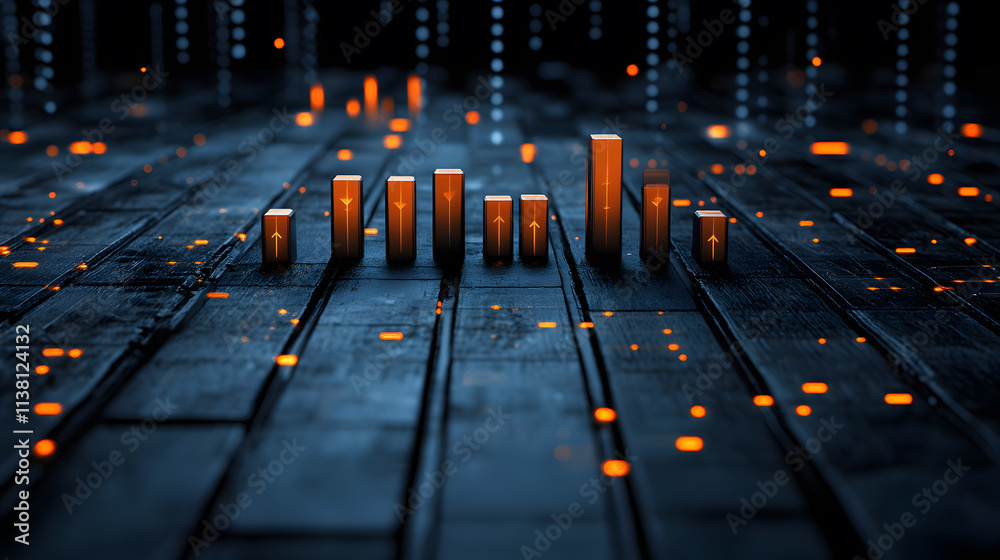 Poster a visually striking digital representation of data bars on a dark background, showcasing vibrant ora