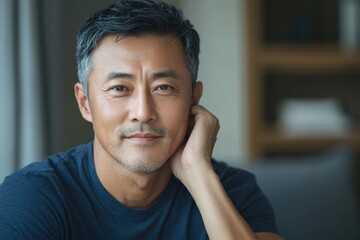 Obraz premium Handsome asian man touching his hair and posing