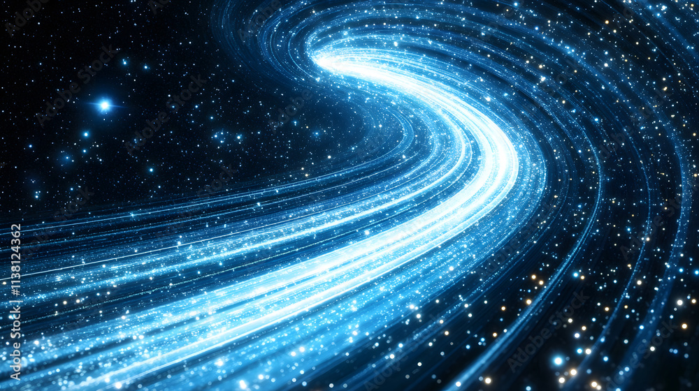 Poster a mesmerizing cosmic swirl of bright blue light trails set against a starry backdrop, evoking a sens