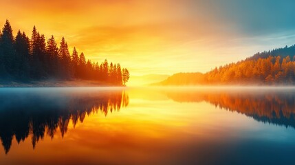 Obraz premium A beautiful sunset over a lake with trees in the background