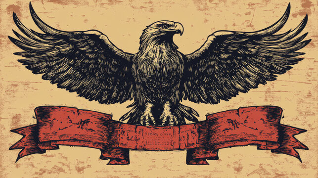 An eagle scroll symbol crest banner parchment design emblem in a vintage woodcut style