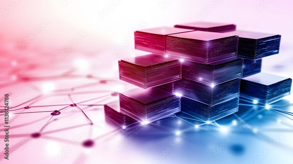 Poster A colorful digital representation of interconnected blocks, symbolizing technology, data structures, and innovation in a futuristic setting