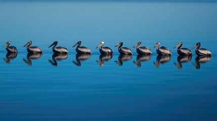Fototapeta premium Row of Pelicans Gliding on Calm Water Surface in Serene Blue Setting
