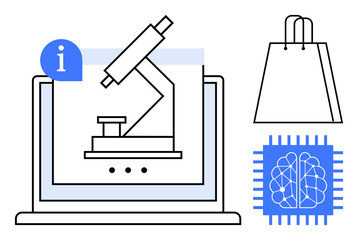 Microscope displayed on a laptop screen, shopping bag, and a brain on a microchip. Ideal for education, e-commerce, AI, technology, innovation online learning and digitalization themes. Line