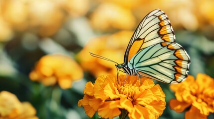Fototapeta premium Home gardening and soil relaxation, A delicate butterfly rests on vibrant yellow flowers, showcasing its intricate wings against a soft, colorful background.