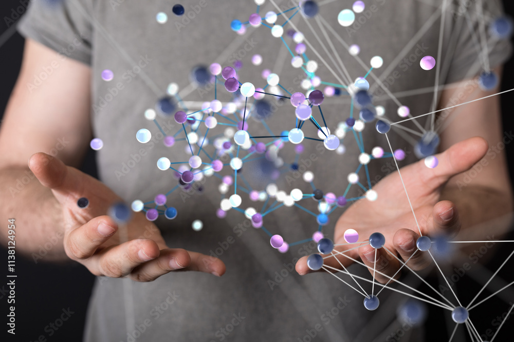 Poster Global network. Blockchain. 3D illustration. Neural networks and artificial intelligence. Abstract