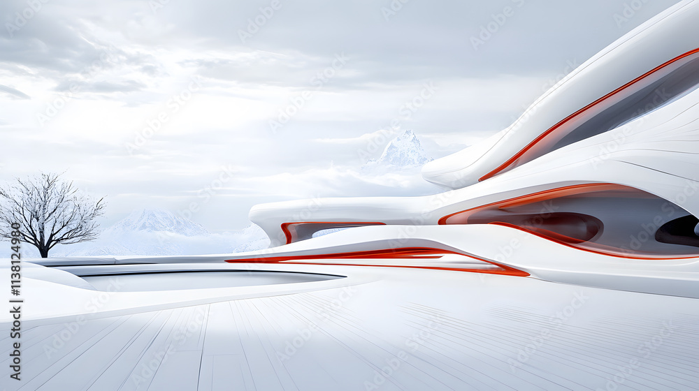 Fototapete A futuristic architectural design features flowing forms and a stark white landscape, highlighted by a single tree and subtle red accents