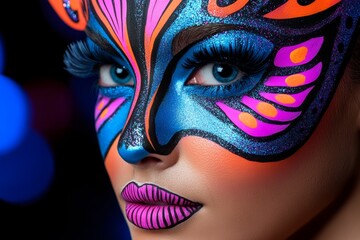 Naklejka premium A whimsical face painted with abstract designs and glitter, capturing the spirit of a creative festival